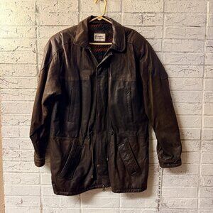 Vintage Leather Warehouse Brown Leather Jacket 40 Plaid Lined Coat